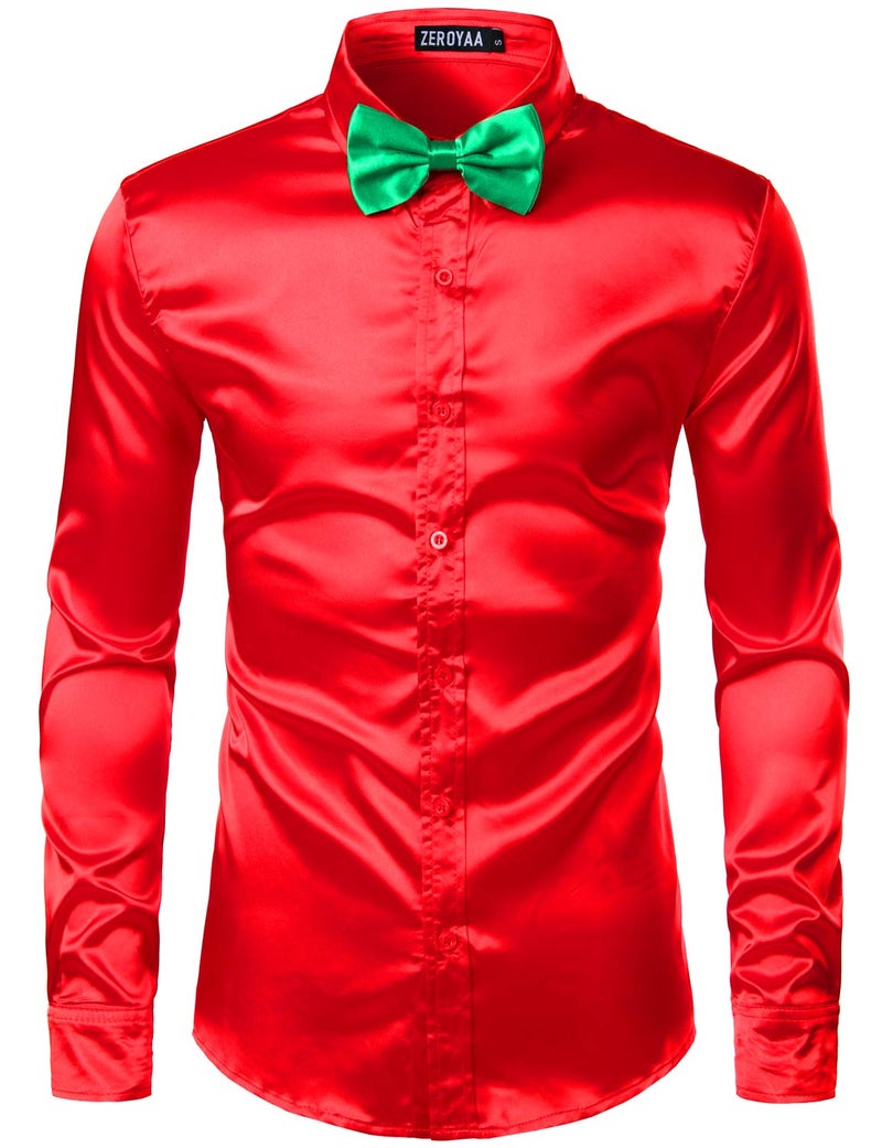 ZEROYAA Men's Luxury Shiny Silk Like Satin Button Up Dress Shirts ZLCL14-Red Small - Image 1
